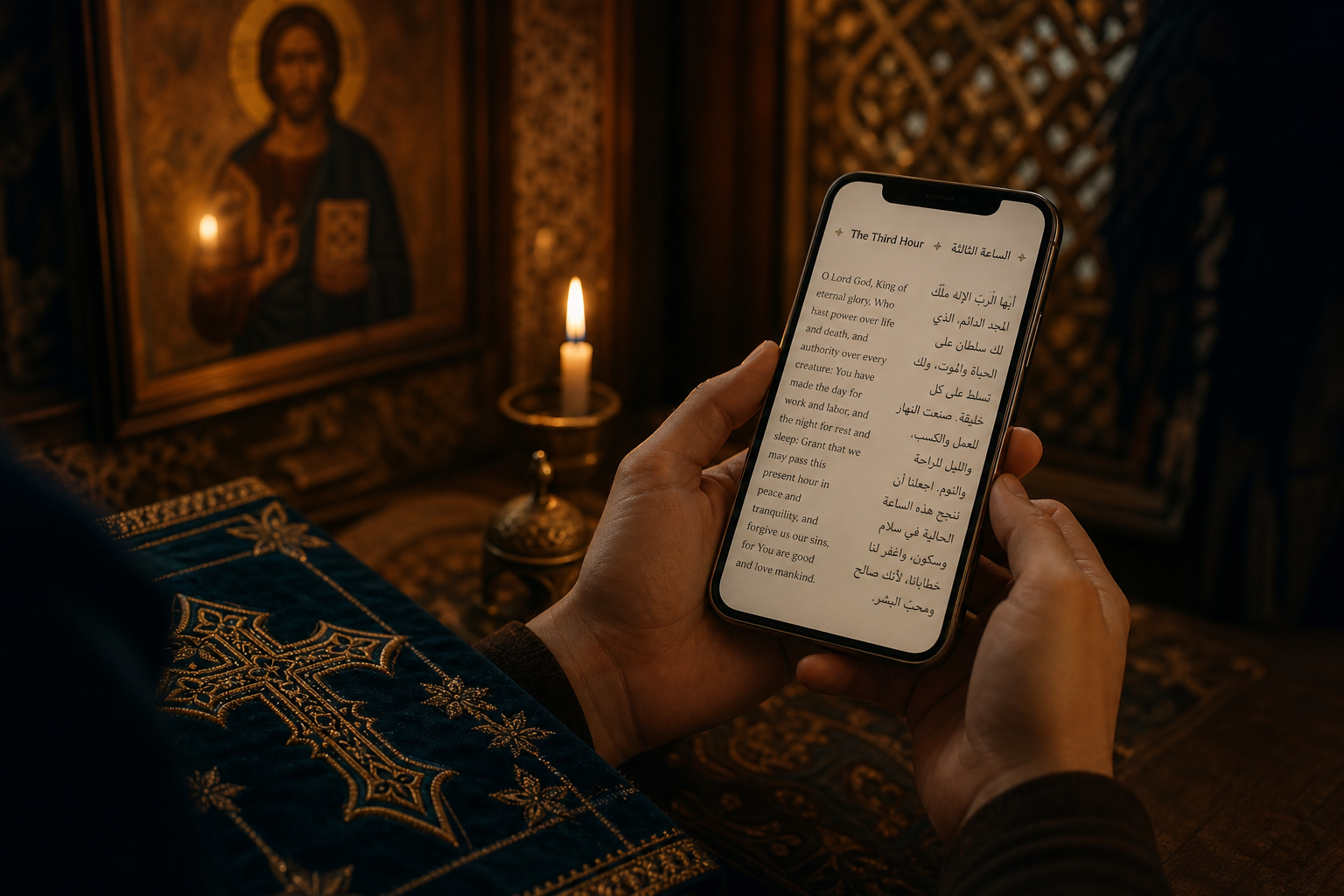 Person praying with a liturgical prayer book app displaying Coptic Orthodox Book of Hours text